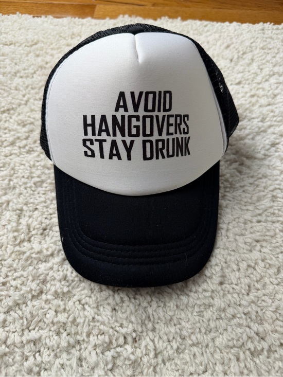 Accessories - Black & White Trucker Hat with 'Avoid Hangovers Stay Drunk' Slogan